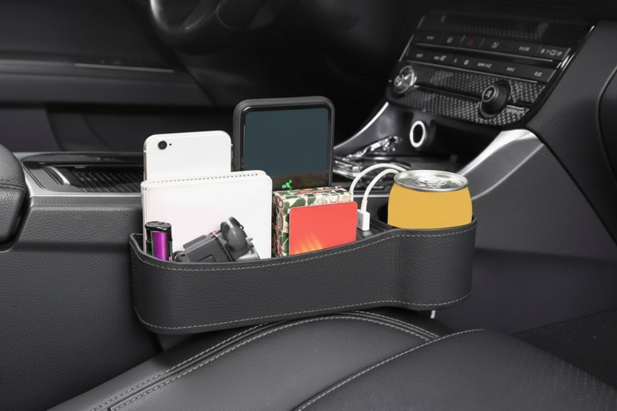 Car seat organizer with various items inside a vehicle